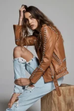 Brown Women Style Silver Spiked Studded Leather jacket