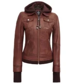 Dark Brown Womens Bomber Leather Jacket With Removable Hood