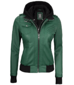 Edinburgh Green Womens Leather Jacket With Removable Hood