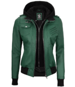 Edinburgh Green Womens Leather Jacket With Removable Hood