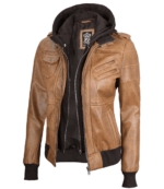 Edinburgh Womens Camel Brown Leather Jacket With Removable Hood