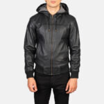 Nintenzo Black Hooded Leather Bomber Jacket1