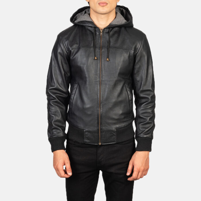 Nintenzo Black Hooded Leather Bomber Jacket1