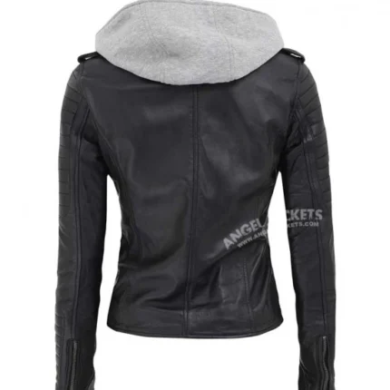 Premium Removable Hooded Women's Black Leather Jacket