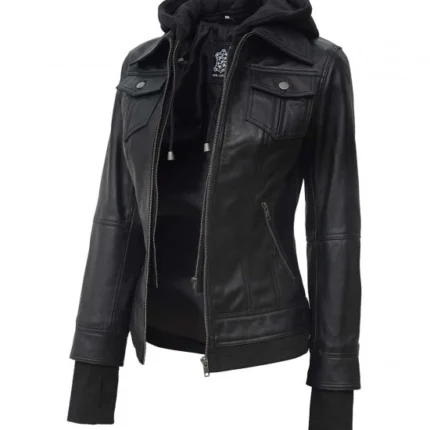 Tralee Black Bomber Women's Leather Jacket With Hood