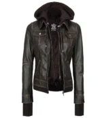 Tralee Dark Brown Bomber Women's Leather Jacket With Hood