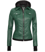 Tralee Womens Green Real Leather Jacket With Hood