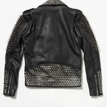 Women Black Punk Silver Long Spiked Studded Black Leather Jacket