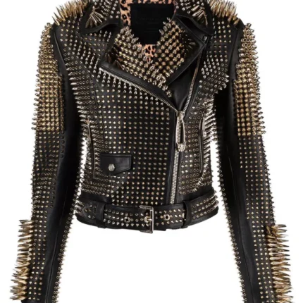 Women Black Punk Silver Long Spiked Studded Leather Biker Jacket