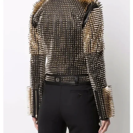 Women Black Punk Silver Long Spiked Studded Leather Biker Jacket