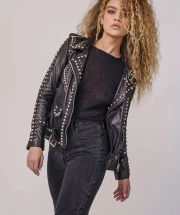 Women Black Style Silver Spiked Studded Leather Biker jacket