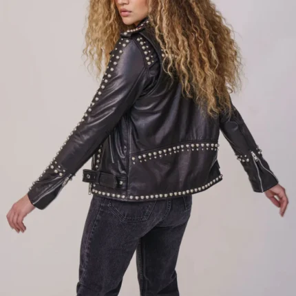 Women Black Style Silver Spiked Studded Leather Biker jacket