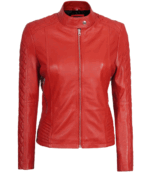 Women Red Quilted Cafe Racer Leather Jacket