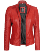 Women Red Quilted Cafe Racer Leather Jacket
