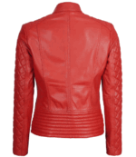 Women Red Quilted Cafe Racer Leather Jacket