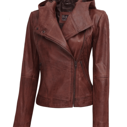 Womens Asymmetrical Motorcycle Leather Jacket With Hood