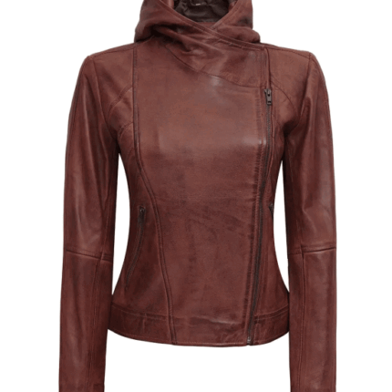 Womens Asymmetrical Motorcycle Leather Jacket With Hood