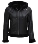 Womens Black Leather Hooded Shearling Jacket