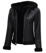 Womens Black Leather Hooded Shearling Jacket
