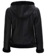 Womens Black Leather Hooded Shearling Jacket