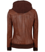 Womens Bomber Cognac Brown Leather Jacket With Removeable Hood