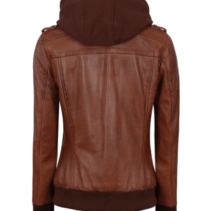 Womens Bomber Cognac Brown Leather Jacket With Removeable Hood