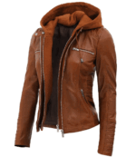 Womens Cognac Slim Fit Leather Jacket With Removable Hood