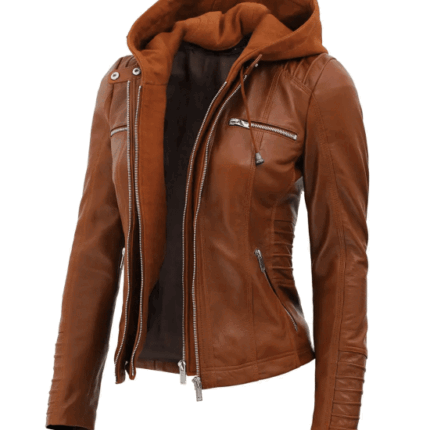 Womens Cognac Slim Fit Leather Jacket With Removable Hood