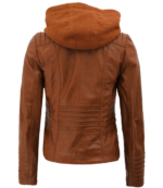 Womens Cognac Slim Fit Leather Jacket With Removable Hood