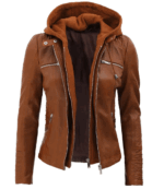 Womens Cognac Slim Fit Leather Jacket With Removable Hood
