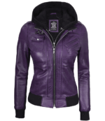 Womens Purple Leather Jacket With Removable Hood