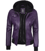 Womens Purple Leather Jacket With Removable Hood
