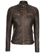Women's Rub Off Dark Brown Quilted Leather Cafe Racer Jacket With Strap Collar