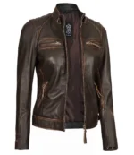 Women's Rub Off Dark Brown Quilted Leather Cafe Racer Jacket With Strap Collar