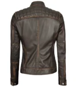 Women's Rub Off Dark Brown Quilted Leather Cafe Racer Jacket With Strap Collar