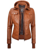 Womens Tan Wax Bomber Real Leather Jacket With Detachable Hood