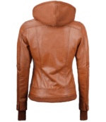 Womens Tan Wax Bomber Real Leather Jacket With Detachable Hood